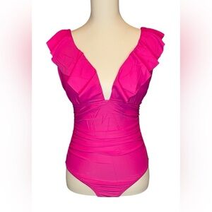 New J Crew Women Sz 24 Ruched Ruffle Fuchsia Pink Swimsuit One Piece Flatter NWT